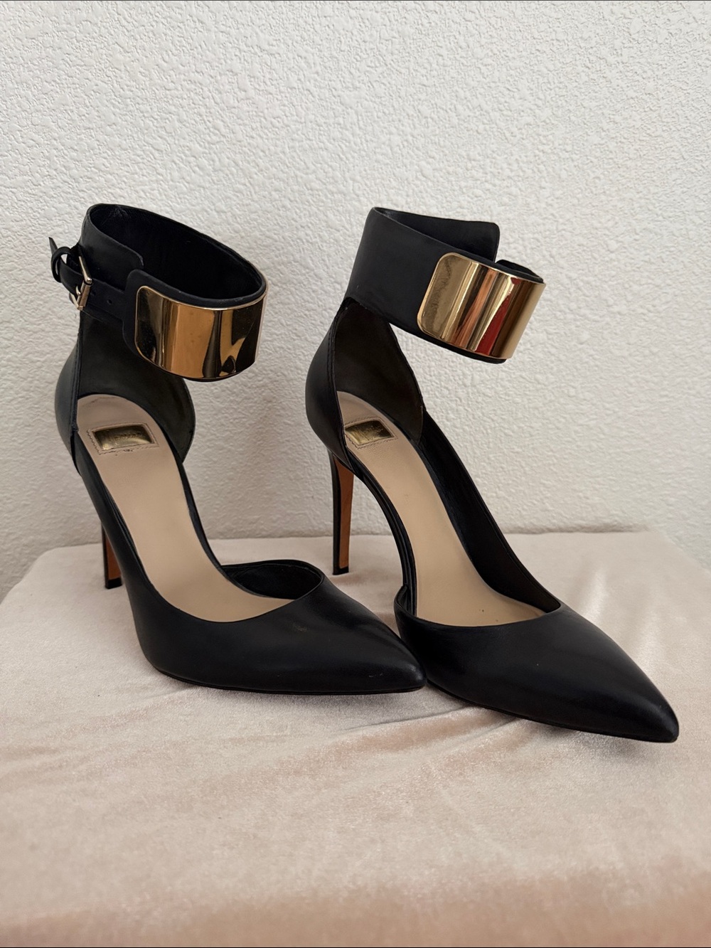Guess by Marciano Black Pointed Ankle-Cuff Stilettos with Gold Plate